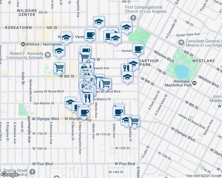 map of restaurants, bars, coffee shops, grocery stores, and more near 2755 James M Wood Boulevard in Los Angeles