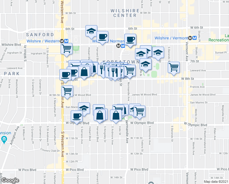 map of restaurants, bars, coffee shops, grocery stores, and more near 869 South Ardmore Avenue in Los Angeles