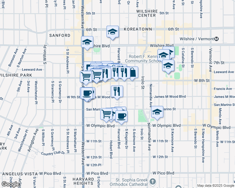 map of restaurants, bars, coffee shops, grocery stores, and more near 858 South Hobart Boulevard in Los Angeles