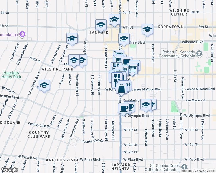 map of restaurants, bars, coffee shops, grocery stores, and more near 864 South Saint Andrews Place in Los Angeles