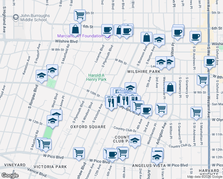 map of restaurants, bars, coffee shops, grocery stores, and more near 920 South Victoria Avenue in Los Angeles