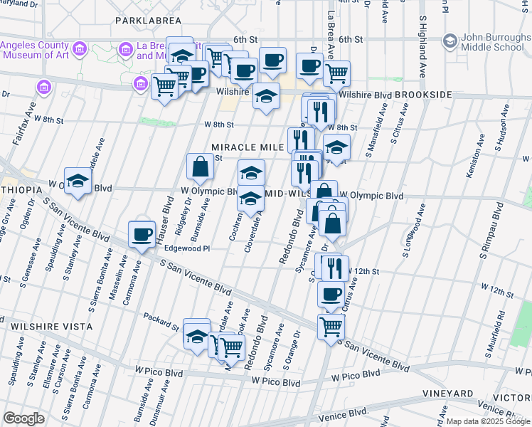 map of restaurants, bars, coffee shops, grocery stores, and more near 1039 South Cloverdale Avenue in Los Angeles