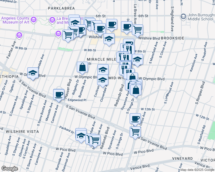 map of restaurants, bars, coffee shops, grocery stores, and more near 1039 South Cloverdale Avenue in Los Angeles