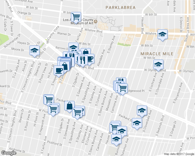map of restaurants, bars, coffee shops, grocery stores, and more near 1053 South Stanley Avenue in Los Angeles