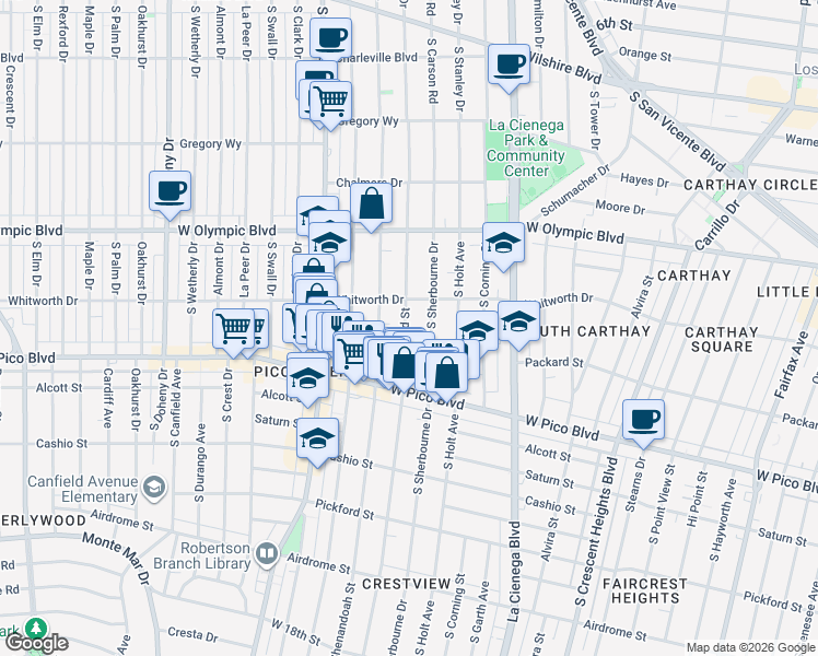 map of restaurants, bars, coffee shops, grocery stores, and more near in Los Angeles