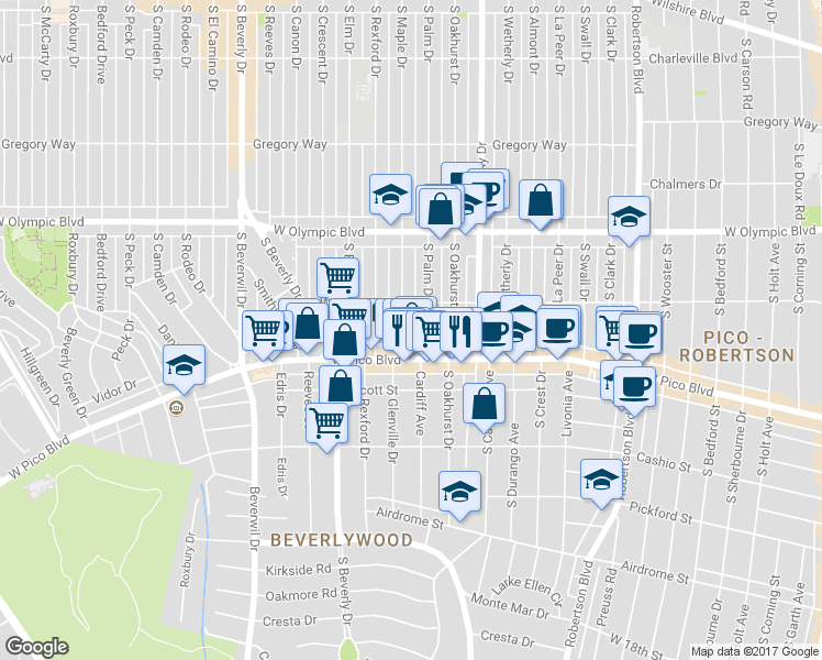 map of restaurants, bars, coffee shops, grocery stores, and more near 1141 Cardiff Avenue in Los Angeles