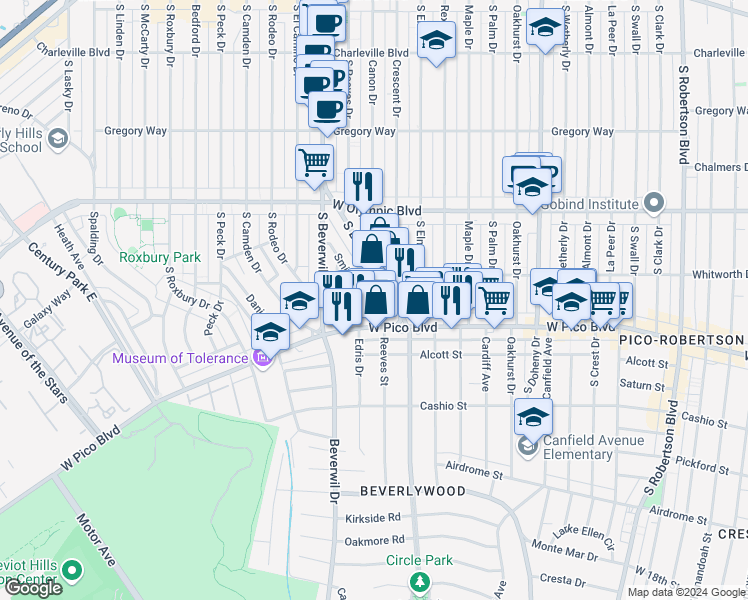 map of restaurants, bars, coffee shops, grocery stores, and more near 1167 South Beverly Drive in Los Angeles