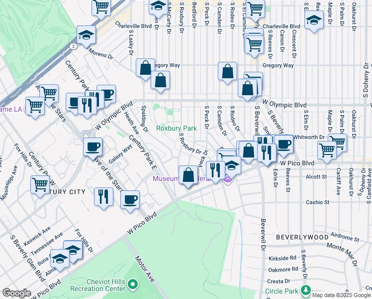 map of restaurants, bars, coffee shops, grocery stores, and more near 1214 Beverly Green Drive in Los Angeles