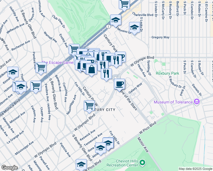 map of restaurants, bars, coffee shops, grocery stores, and more near 10261 Century Woods Drive in Los Angeles