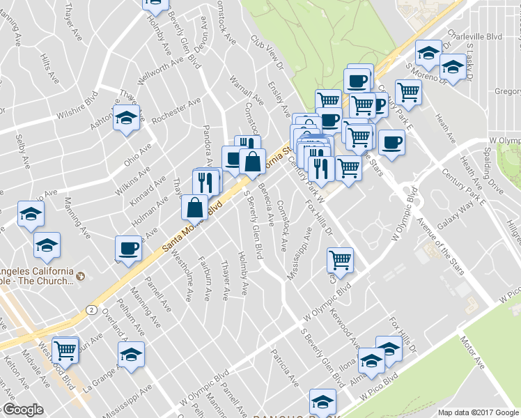 map of restaurants, bars, coffee shops, grocery stores, and more near 1851 South Beverly Glen Boulevard in Los Angeles