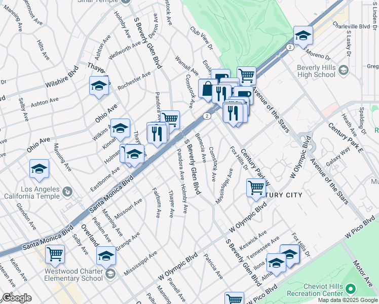 map of restaurants, bars, coffee shops, grocery stores, and more near 1851 South Beverly Glen Boulevard in Los Angeles