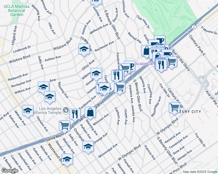 map of restaurants, bars, coffee shops, grocery stores, and more near 10514 Eastborne Avenue in Los Angeles