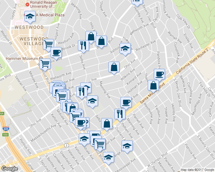 map of restaurants, bars, coffee shops, grocery stores, and more near 1568 Manning Avenue in Los Angeles