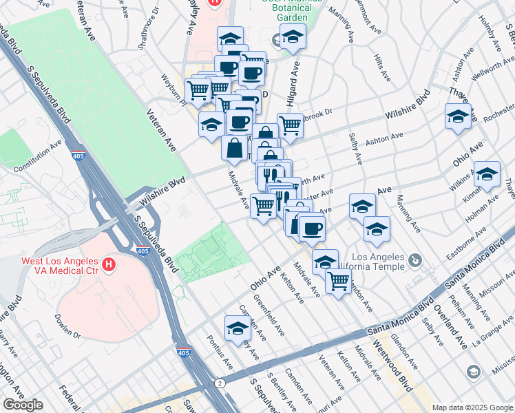 map of restaurants, bars, coffee shops, grocery stores, and more near 10911 Rochester Avenue in Los Angeles