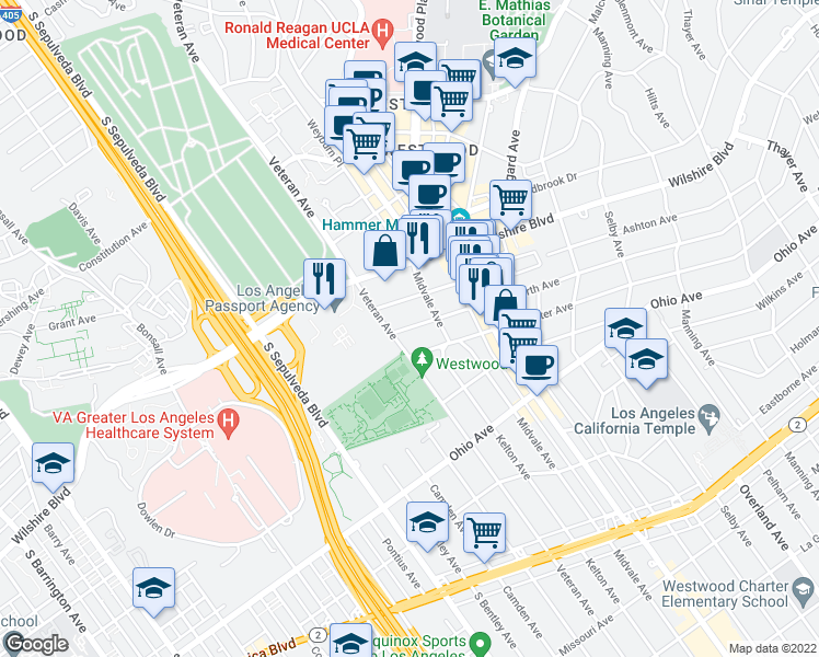 map of restaurants, bars, coffee shops, grocery stores, and more near 10996 Wellworth Avenue in Los Angeles