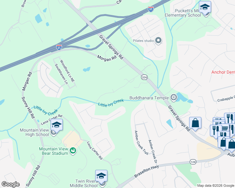 map of restaurants, bars, coffee shops, grocery stores, and more near 2465 Kirkstone Drive in Buford