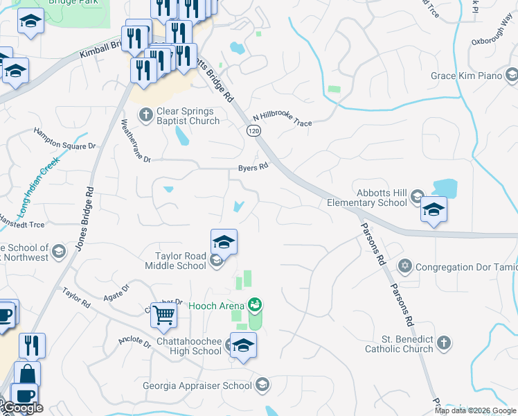 map of restaurants, bars, coffee shops, grocery stores, and more near 11325 Vedrines Drive in Alpharetta
