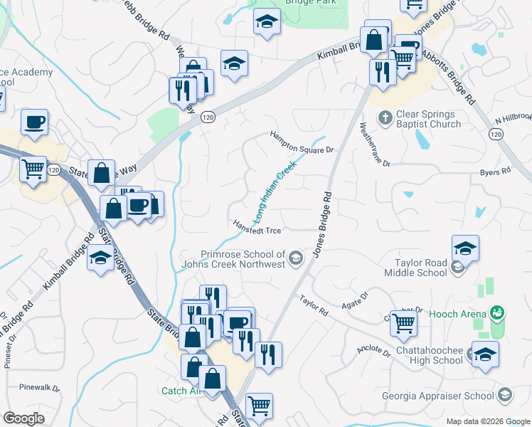 map of restaurants, bars, coffee shops, grocery stores, and more near 4745 Minden Chase in Alpharetta