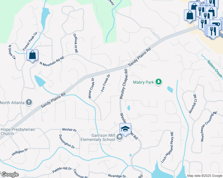 map of restaurants, bars, coffee shops, grocery stores, and more near 3820 Fox Creek Court in Marietta