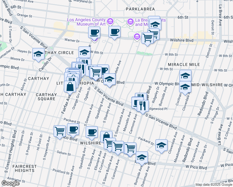 map of restaurants, bars, coffee shops, grocery stores, and more near 1053 South Stanley Avenue in Los Angeles