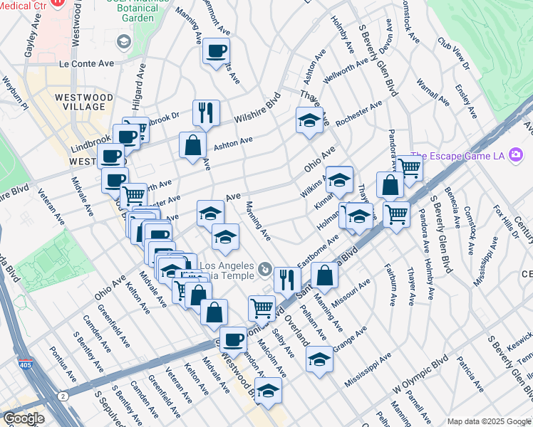 map of restaurants, bars, coffee shops, grocery stores, and more near 10670 Wilkins Avenue in Los Angeles