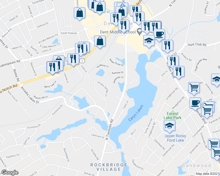 map of restaurants, bars, coffee shops, grocery stores, and more near 179 Arcadia Springs Circle in Columbia