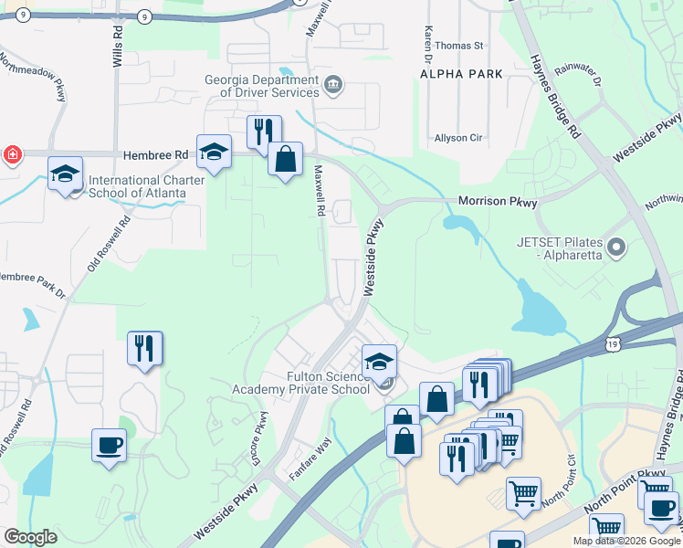map of restaurants, bars, coffee shops, grocery stores, and more near 11267 Musette Circle in Alpharetta