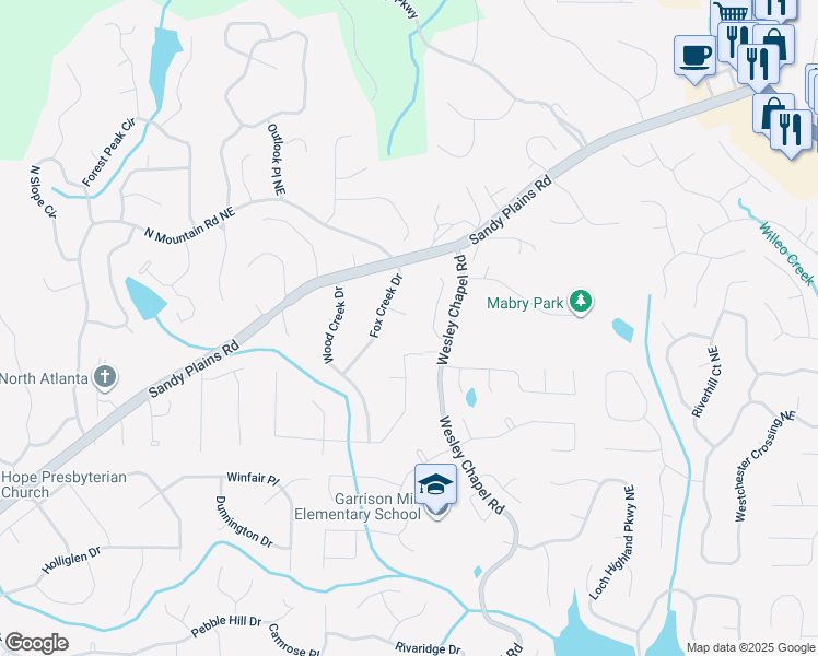 map of restaurants, bars, coffee shops, grocery stores, and more near 3820 Fox Creek Court in Marietta