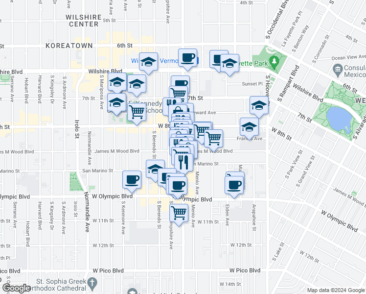 map of restaurants, bars, coffee shops, grocery stores, and more near 855 South Vermont Avenue in Los Angeles