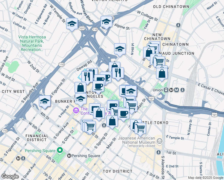 map of restaurants, bars, coffee shops, grocery stores, and more near 217 North Hill Street in Los Angeles