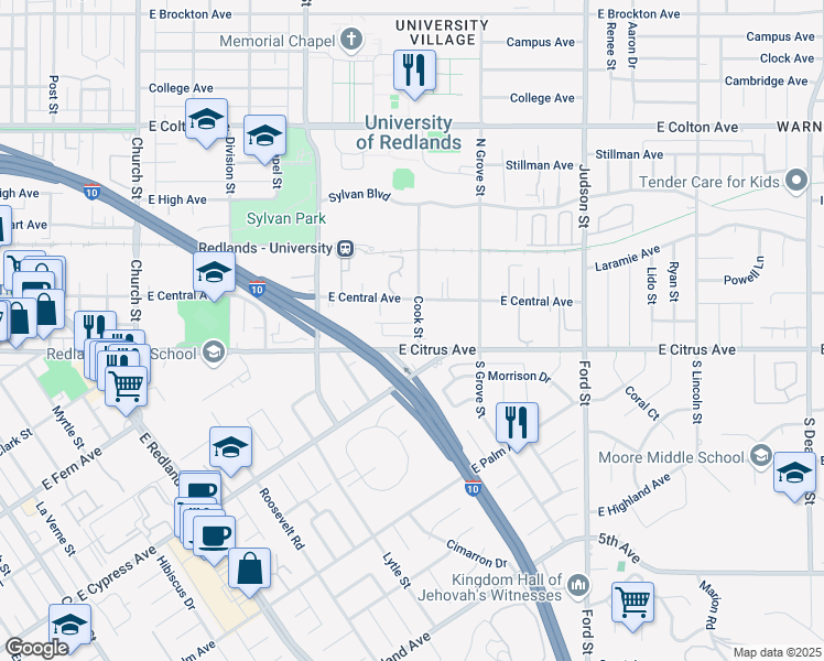 map of restaurants, bars, coffee shops, grocery stores, and more near 1135 East Citrus Avenue in Redlands
