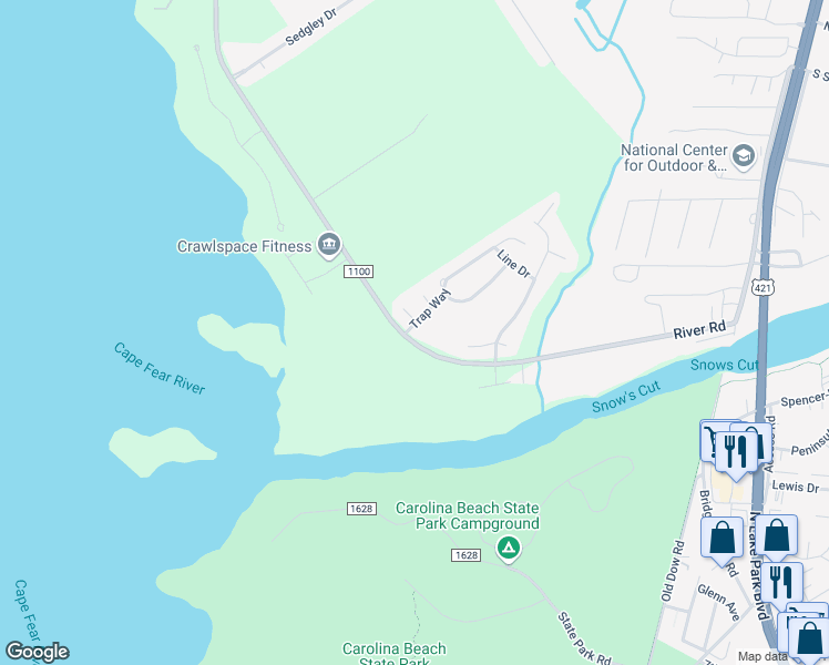 map of restaurants, bars, coffee shops, grocery stores, and more near 7925 Trap Way in Wilmington