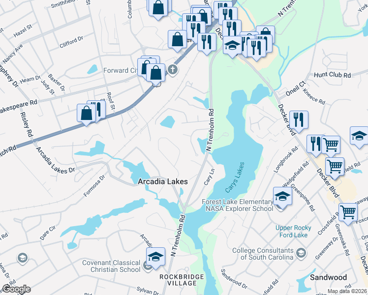 map of restaurants, bars, coffee shops, grocery stores, and more near 179 Arcadia Springs Circle in Columbia