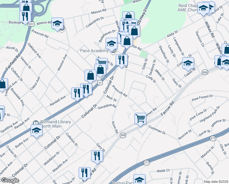 map of restaurants, bars, coffee shops, grocery stores, and more near 1419 Prescott Road in Columbia
