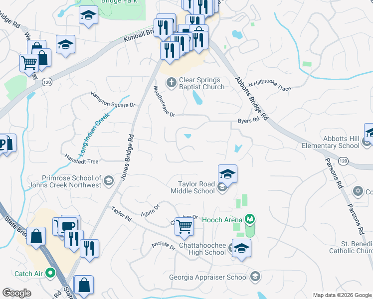 map of restaurants, bars, coffee shops, grocery stores, and more near 4925 Byers Road in Alpharetta