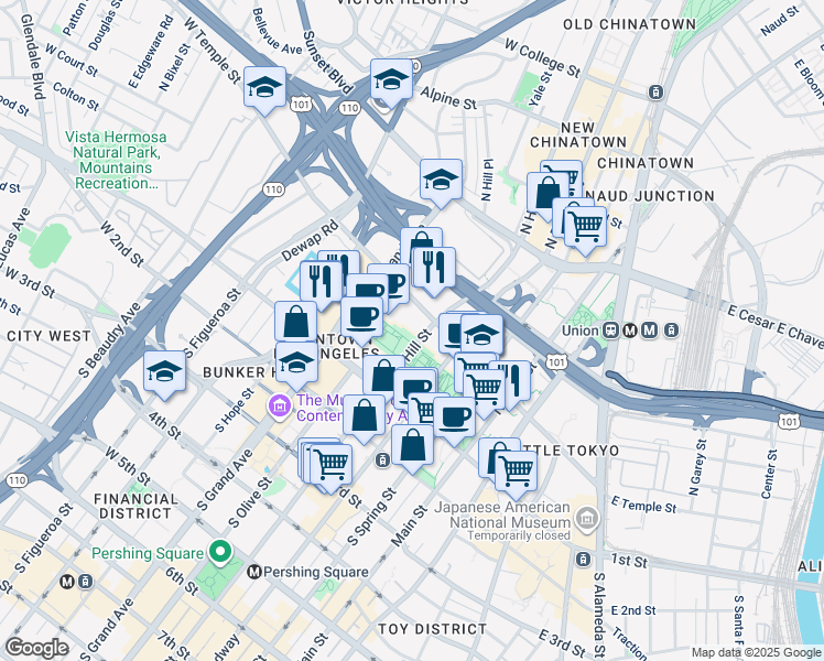 map of restaurants, bars, coffee shops, grocery stores, and more near 217 North Hill Street in Los Angeles