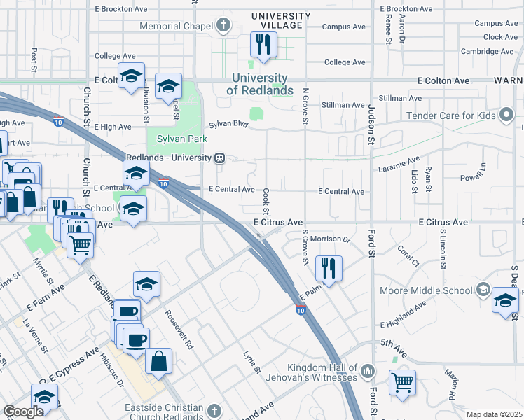 map of restaurants, bars, coffee shops, grocery stores, and more near 1140 Cero Court in Redlands