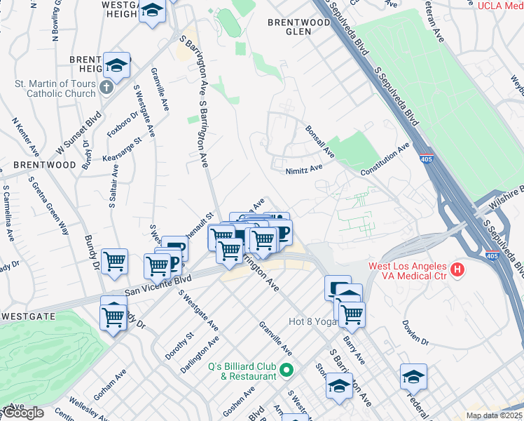 map of restaurants, bars, coffee shops, grocery stores, and more near 11628 Montana Avenue in Los Angeles