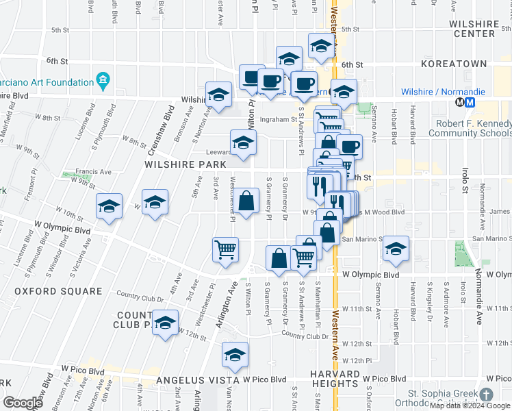 map of restaurants, bars, coffee shops, grocery stores, and more near 866 South Wilton Place in Los Angeles
