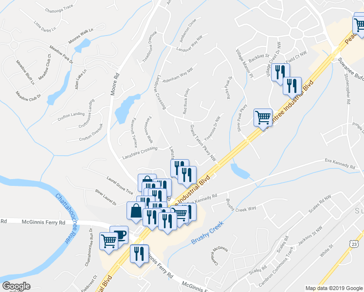 map of restaurants, bars, coffee shops, grocery stores, and more near 900 Yosemite Drive Northwest in Suwanee