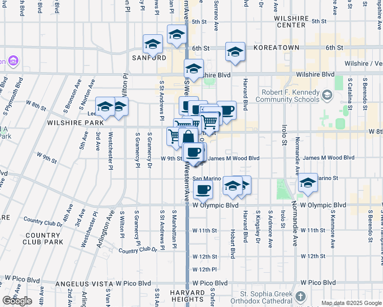 map of restaurants, bars, coffee shops, grocery stores, and more near 855 South Oxford Avenue in Los Angeles