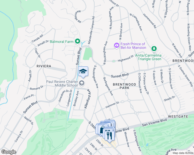 map of restaurants, bars, coffee shops, grocery stores, and more near 150 South Rockingham Avenue in Los Angeles