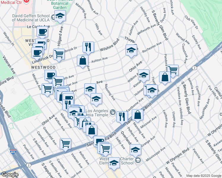 map of restaurants, bars, coffee shops, grocery stores, and more near 10676 Wilkins Avenue in Los Angeles
