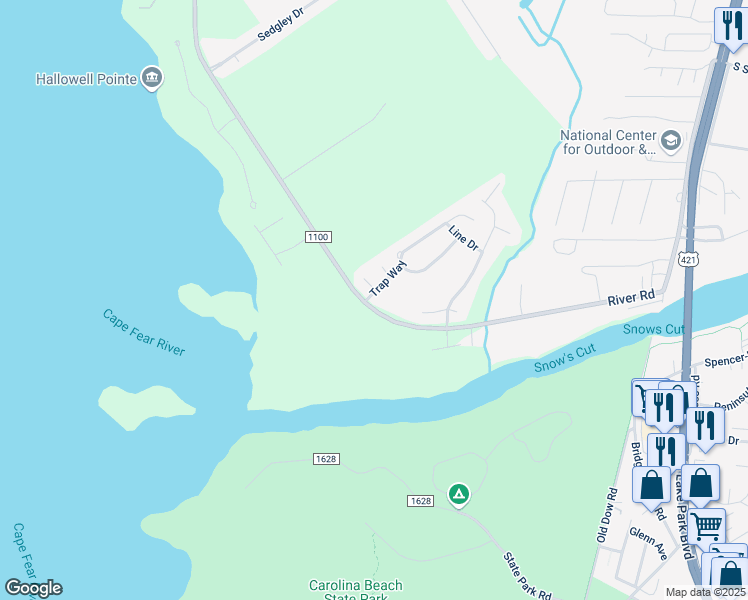 map of restaurants, bars, coffee shops, grocery stores, and more near 7925 Trap Way in Wilmington