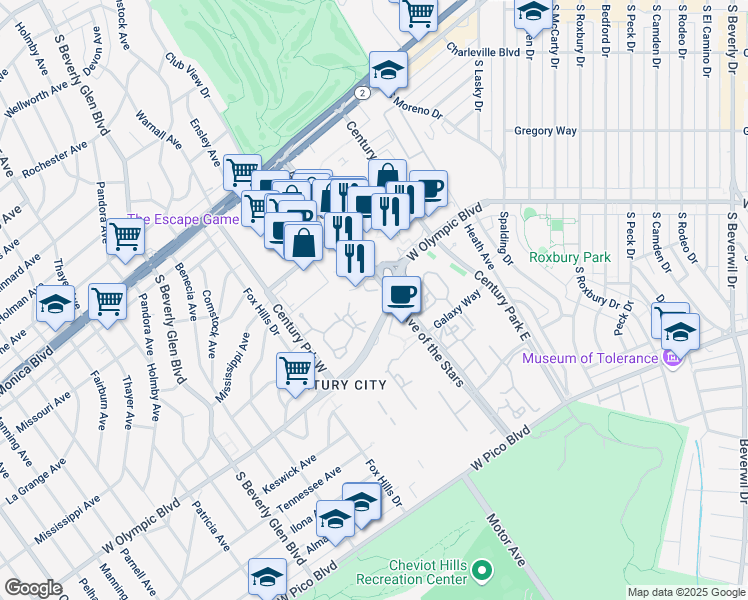 map of restaurants, bars, coffee shops, grocery stores, and more near 1 West Century Drive in Los Angeles