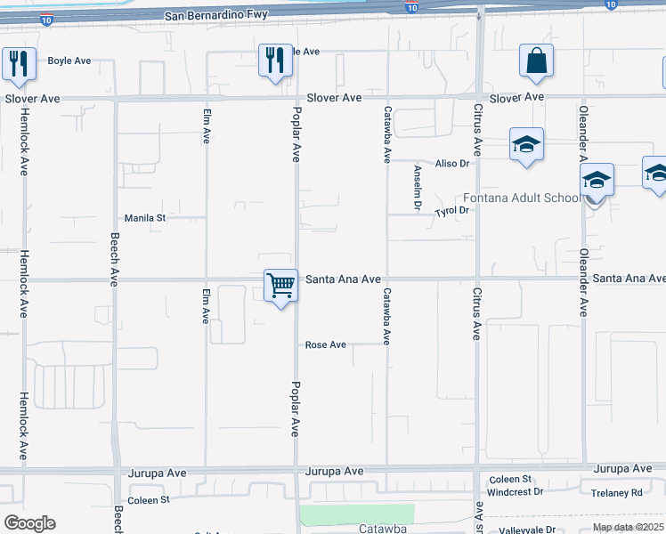 map of restaurants, bars, coffee shops, grocery stores, and more near 15790 Santa Ana Avenue in Fontana