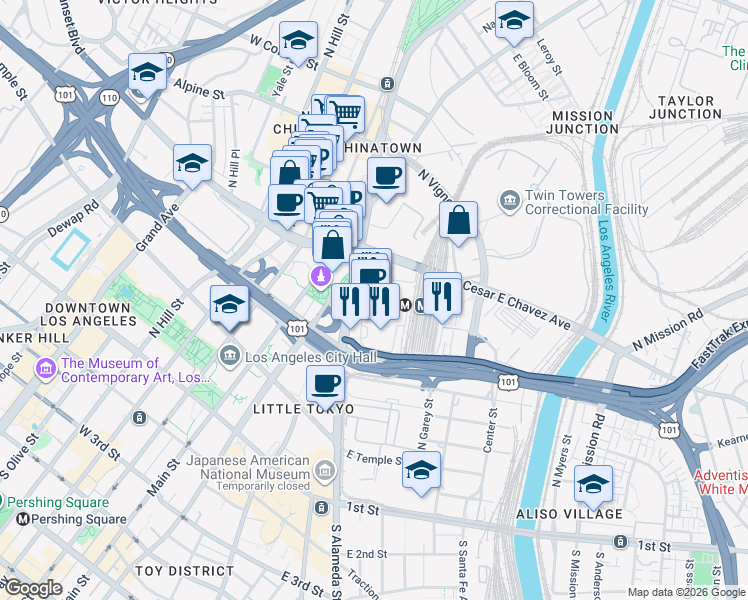 map of restaurants, bars, coffee shops, grocery stores, and more near 800 North Alameda Street in Los Angeles