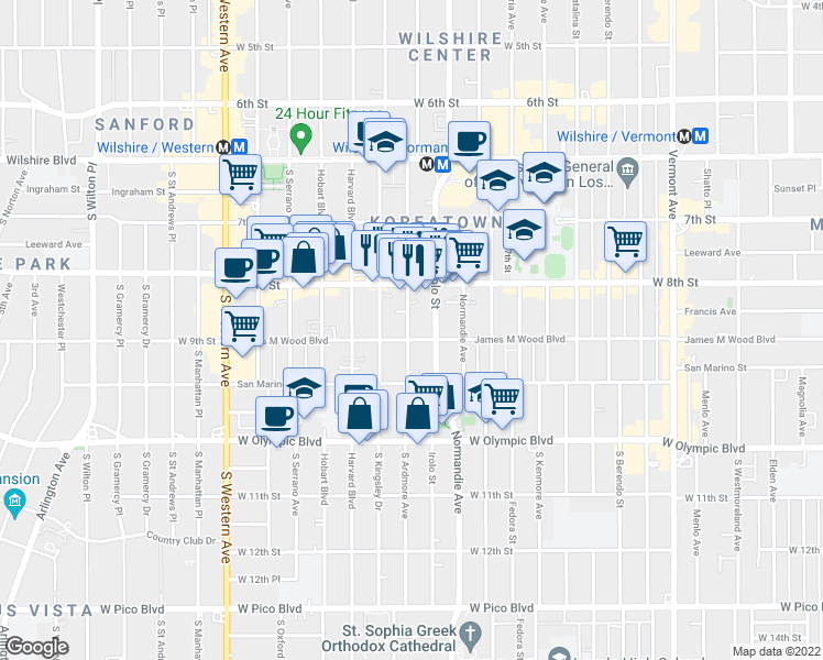 map of restaurants, bars, coffee shops, grocery stores, and more near 869 South Ardmore Avenue in Los Angeles