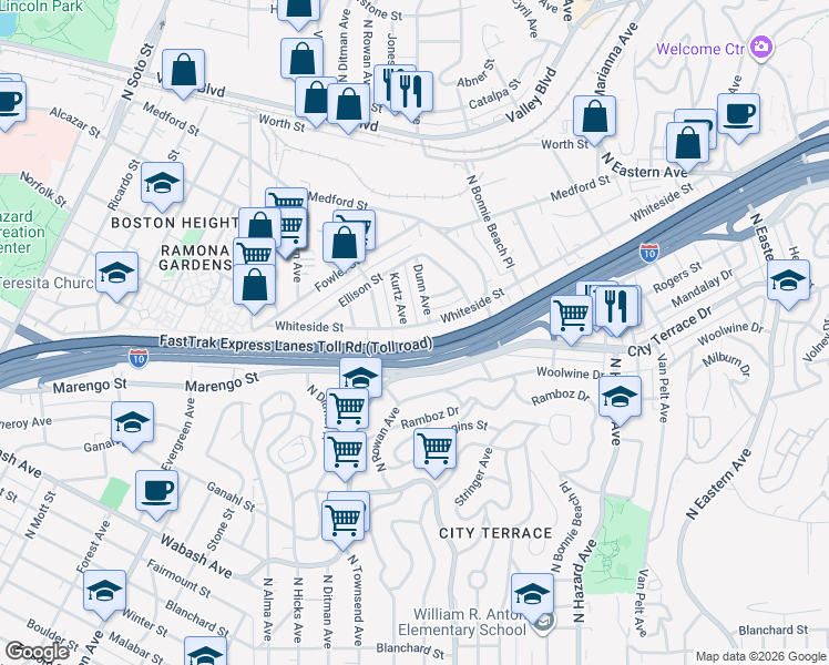 map of restaurants, bars, coffee shops, grocery stores, and more near 3610 Whiteside Street in Los Angeles