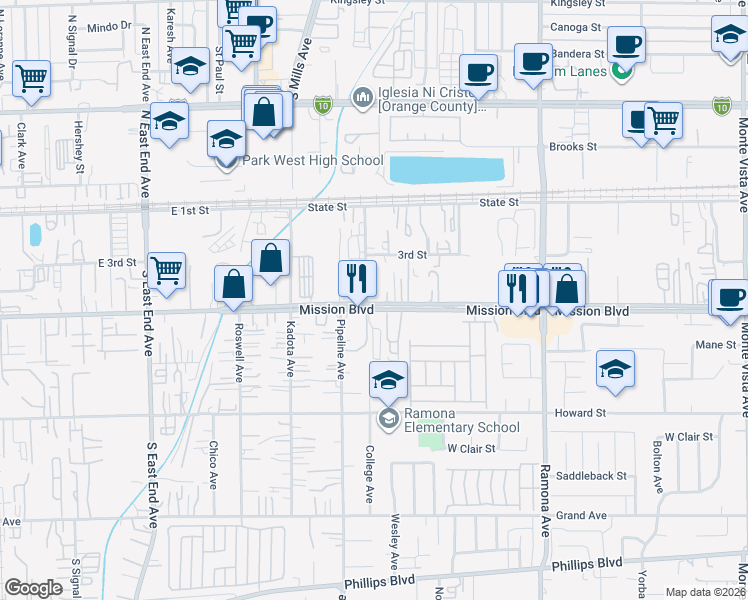 map of restaurants, bars, coffee shops, grocery stores, and more near 4161 Mission Boulevard in Montclair